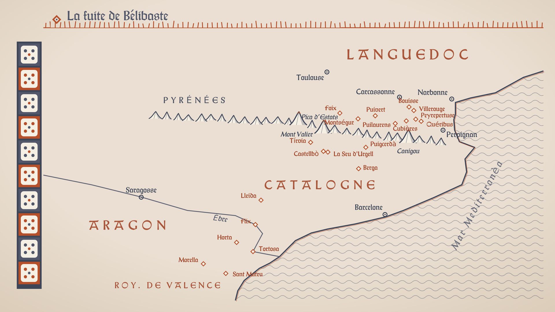 La fuite de Bélibaste — cartographie originale du film, d’après le Nouveau Testament occitan de Lyon.